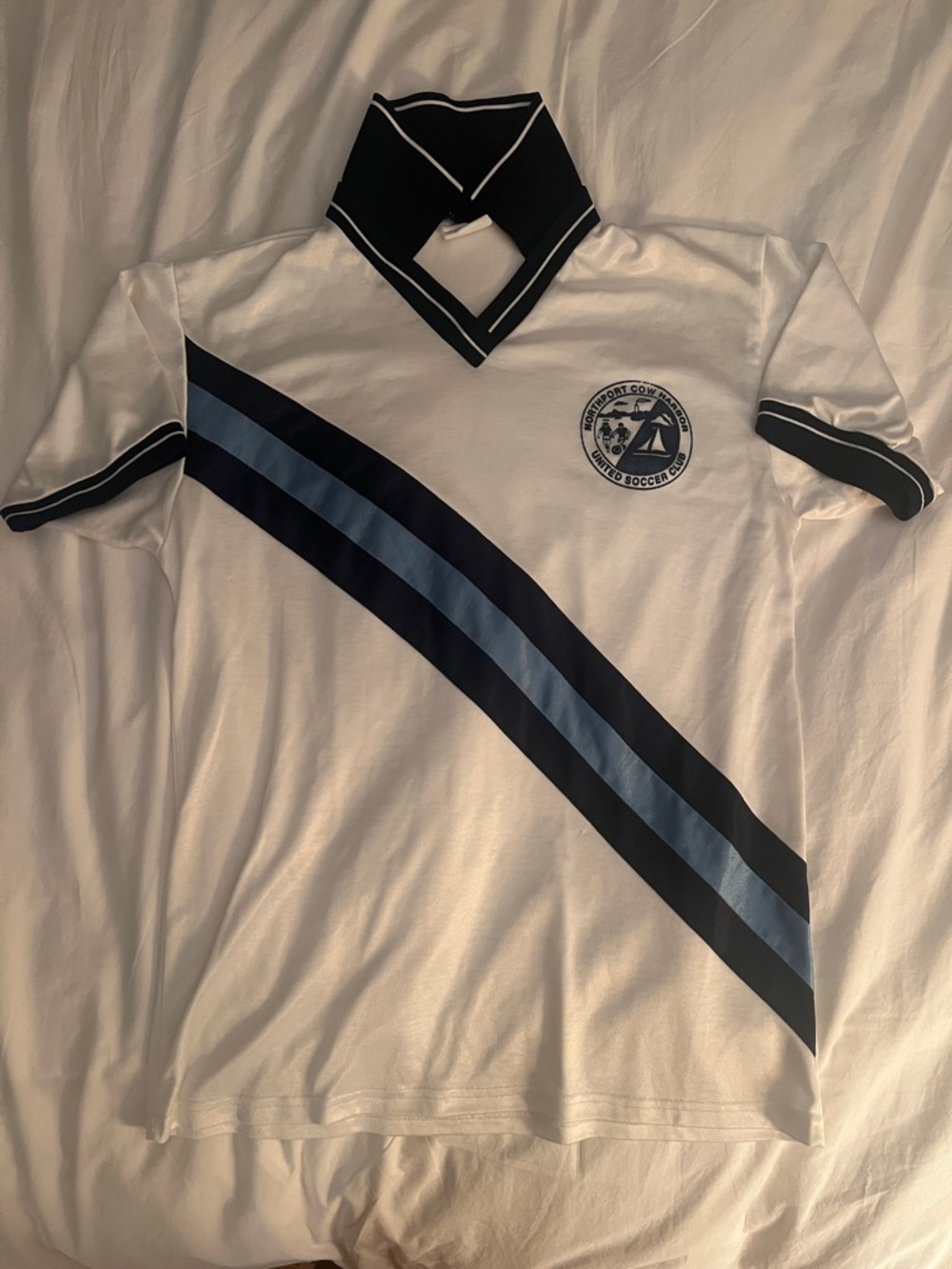 Vintage Baby Blue/Navy Stripe and White Women’s Soccer Jersey M